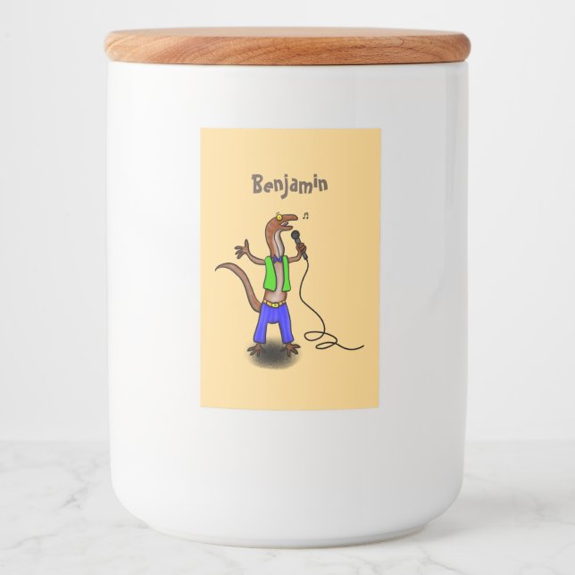 Funny lizard singing with microphone cartoon food label (Front)