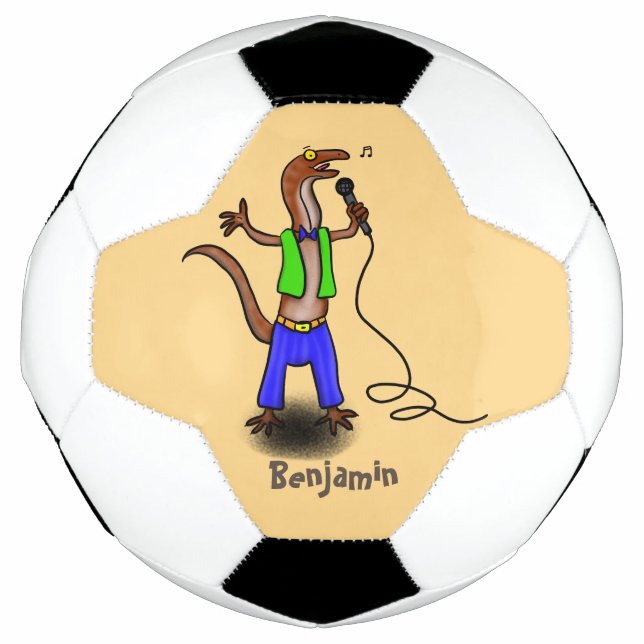 Funny lizard singing with microphone cartoon football (Front)
