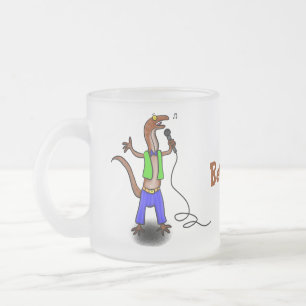 Funny lizard singing with microphone cartoon frosted glass coffee mug