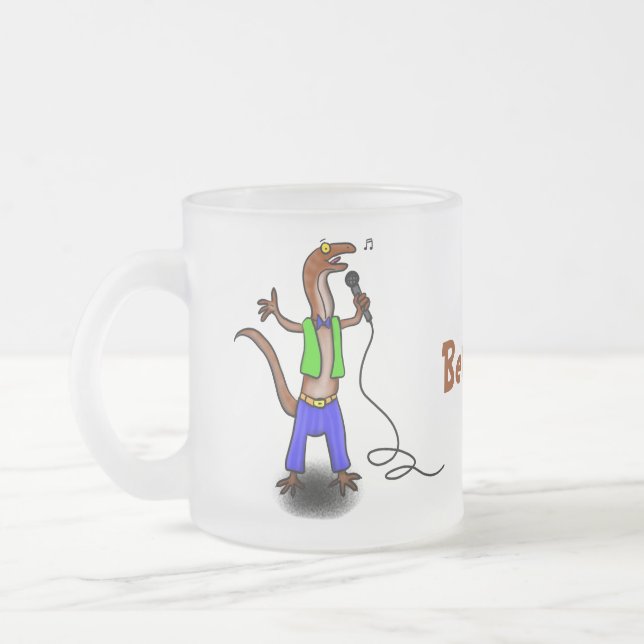 Funny lizard singing with microphone cartoon frosted glass coffee mug (Left)