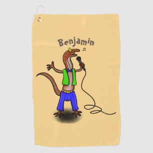 Funny lizard singing with microphone cartoon golf towel