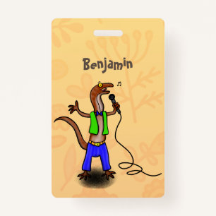 Funny lizard singing with microphone cartoon ID badge