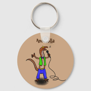 Funny lizard singing with microphone cartoon key ring