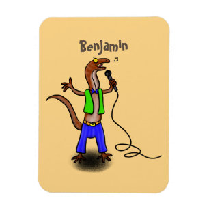 Funny lizard singing with microphone cartoon magnet
