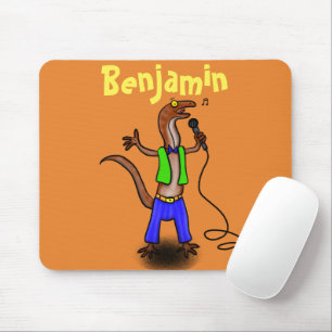 Funny lizard singing with microphone cartoon mouse mat