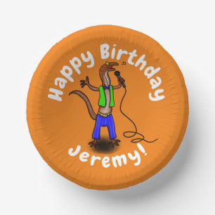 Funny lizard singing with microphone cartoon paper plate