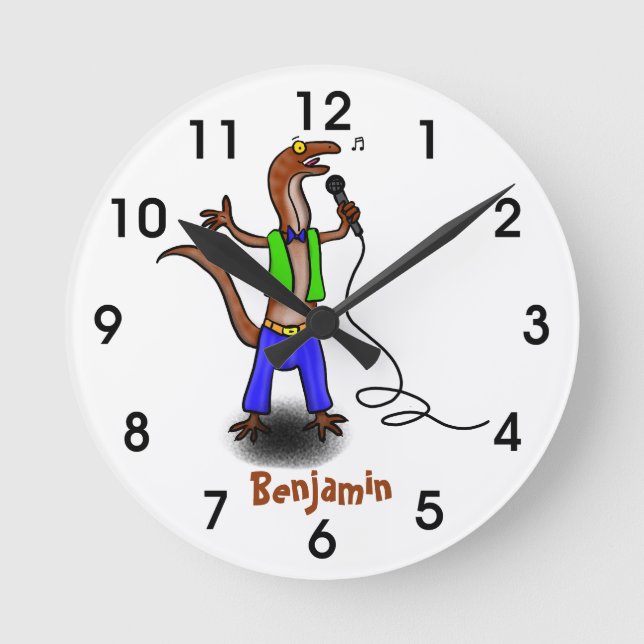 Funny lizard singing with microphone cartoon round clock (Front)