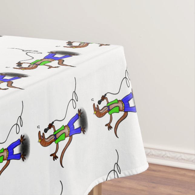 Funny lizard singing with microphone cartoon tablecloth (In Situ)