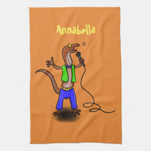 Funny lizard singing with microphone cartoon tea towel