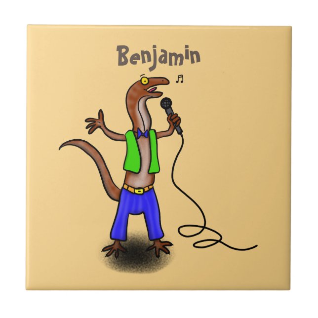 Funny lizard singing with microphone cartoon tile (Front)
