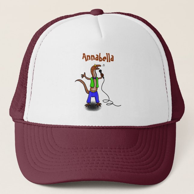 Funny lizard singing with microphone cartoon trucker hat (Front)
