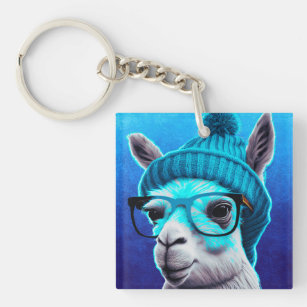 Funny Llama Alpaca Cute Animals Beanie Hat Glasses Key Ring