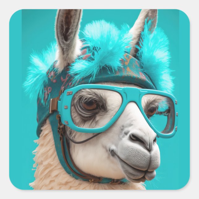 Funny Llama Alpaca Cute Animals Beanie Hat Glasses Square Sticker (Front)
