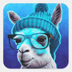 Funny Llama Alpaca Cute Animals Beanie Hat Glasses Square Sticker