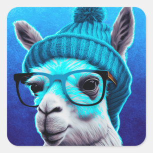 Funny Llama Alpaca Cute Animals Beanie Hat Glasses Square Sticker