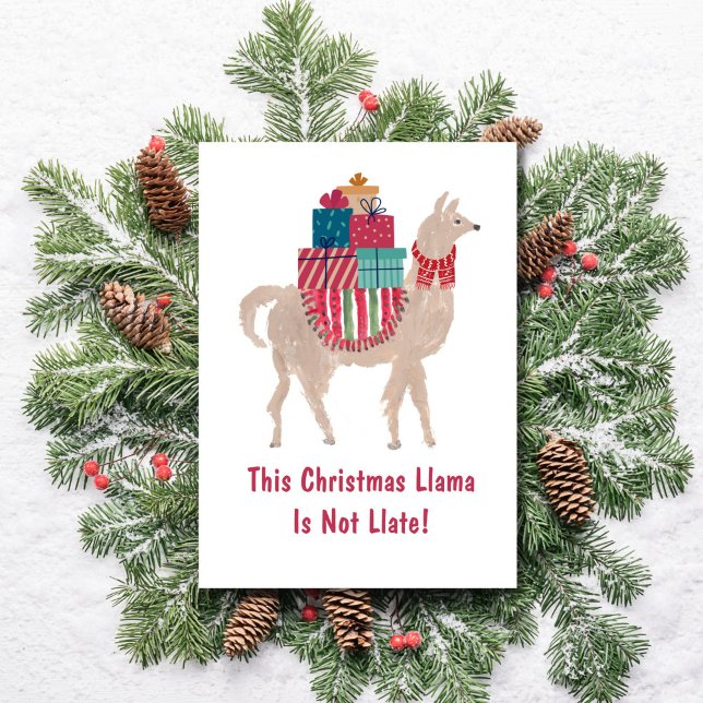 Funny Llama Alpaca Cute Unique Belated Christmas Holiday Card (This hand-illustrated llama Christmas card reads: "This Christmas Llama is not late!")