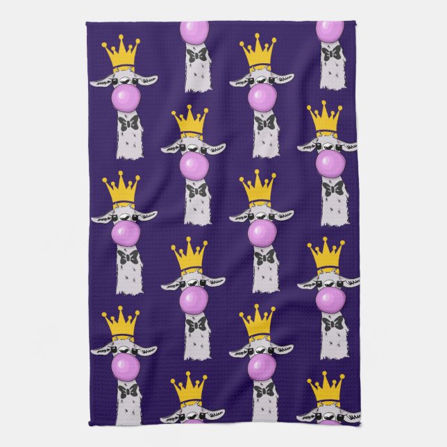 Funny Llama Blowing a Pink Bubble Pattern Tea Towel (Vertical)