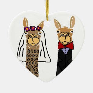 Funny Llama Bride and Groom Wedding Art Ceramic Tree Decoration