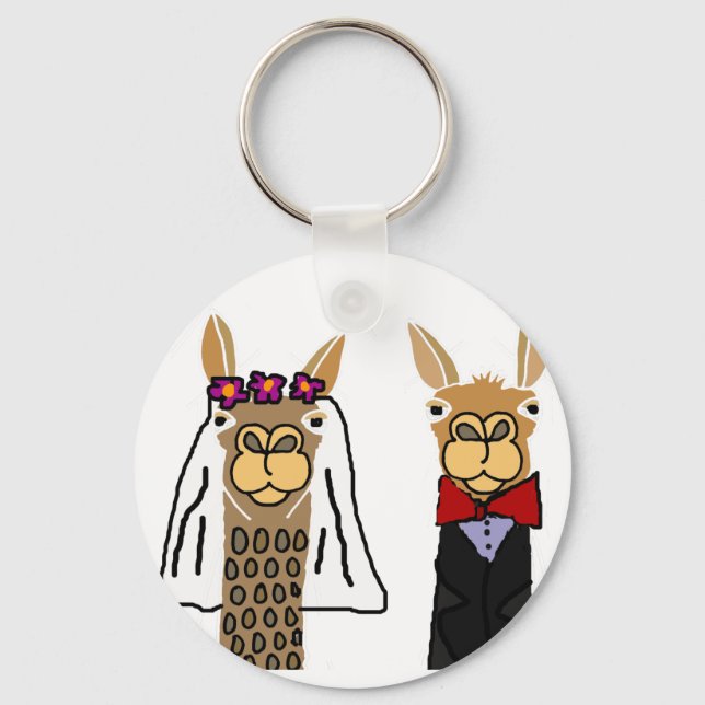 Funny Llama Bride and Groom Wedding Art Key Ring (Front)