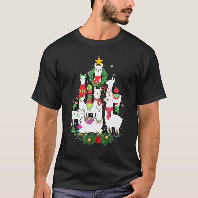 Funny Llama Christmas Tree Alpaca Xmas Lights Holi T-Shirt (Front)