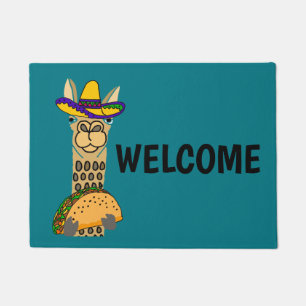 Funny Llama eating Taco Cartoon Doormat