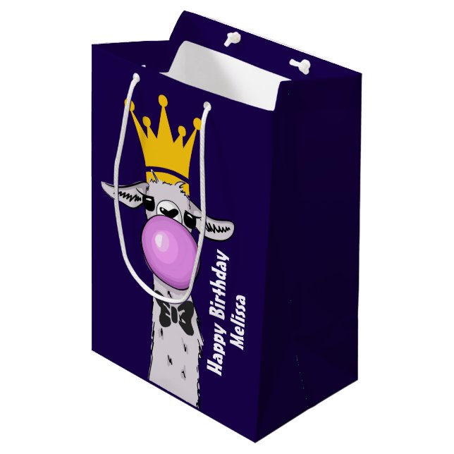 Funny Llama Illustration Blowing a Pink Bubble Medium Gift Bag (Front Angled)