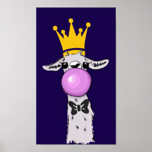 Funny Llama Illustration Blowing a Pink Bubble Poster