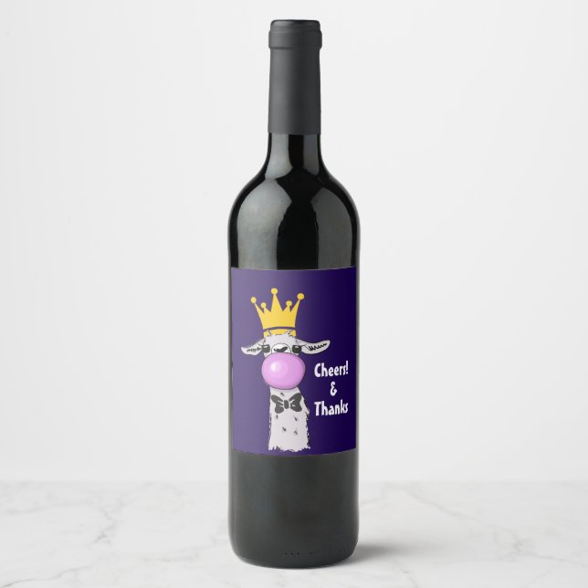 Funny Llama Illustration Blowing a Pink Bubble Wine Label (Front)