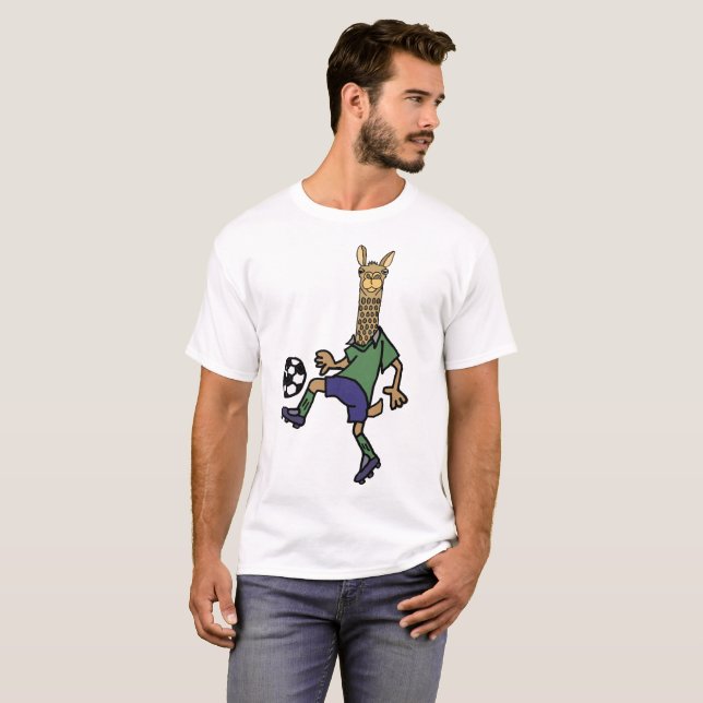 Funny Llama Playing Soccer Cartoon T-Shirt (Front Full)