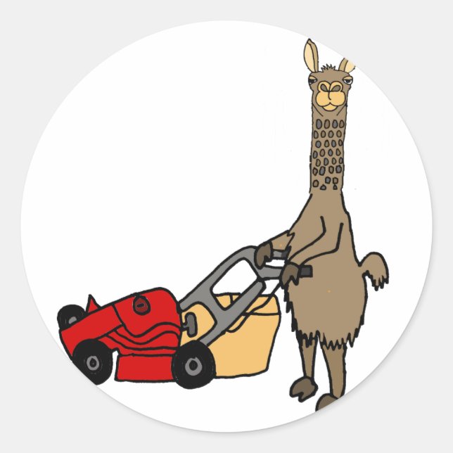 Funny Llama Pushing Lawn Mower Cartoon Classic Round Sticker (Front)