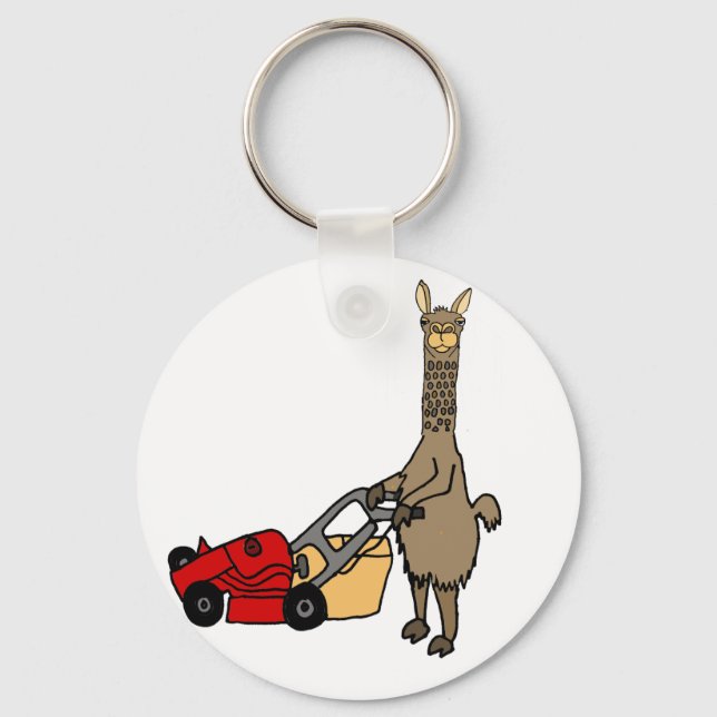 Funny Llama Pushing Lawn Mower Cartoon Key Ring (Front)