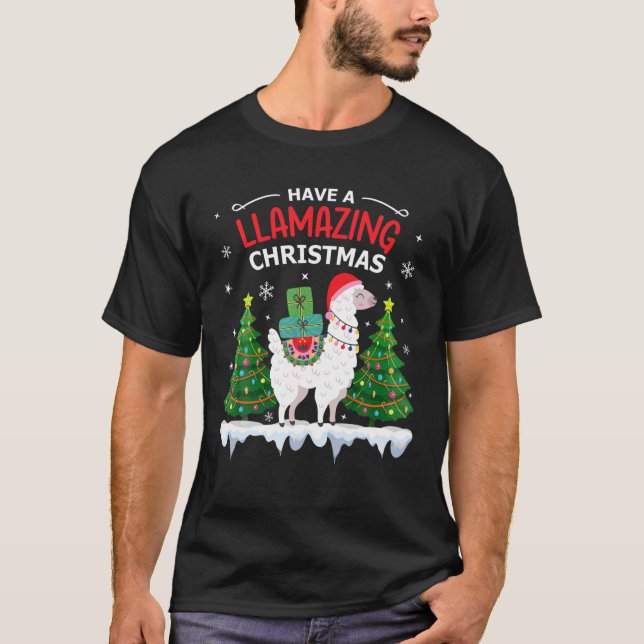 Funny Llama Santa Hat Christmas Pyjamas Alpaca Lla T-Shirt (Front)