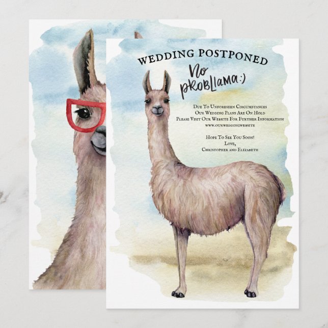 Funny Llama Watercolor Wedding Postponed Invitation (Front/Back)