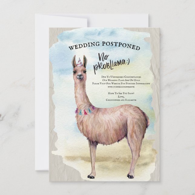 Funny Llama Wedding Postponed Date Watercolor Invitation (Front)