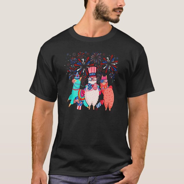 Funny Llama With Fireworks Sunglasses Hat Merica   T-Shirt (Front)