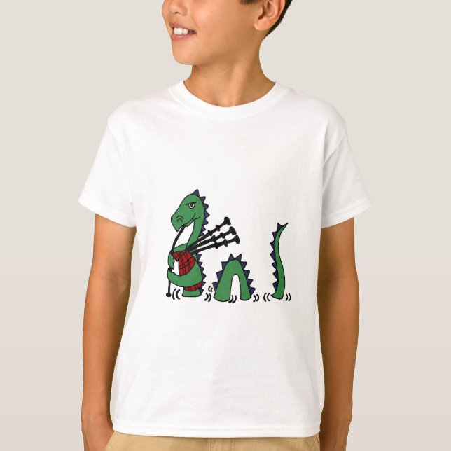 Funny Loch Ness Monster Playing Bagpipes T-Shirt (Front)