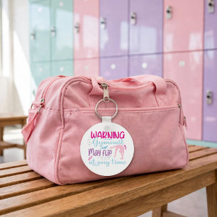 Funny logo gymnast girl pink blue might flip cute key ring