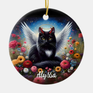 Funny Long Haired Black Demon and Angel Cat  Ceramic Tree Decoration