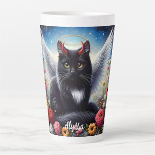 Funny Long Haired Black Demon and Angel Cat  Latte Mug