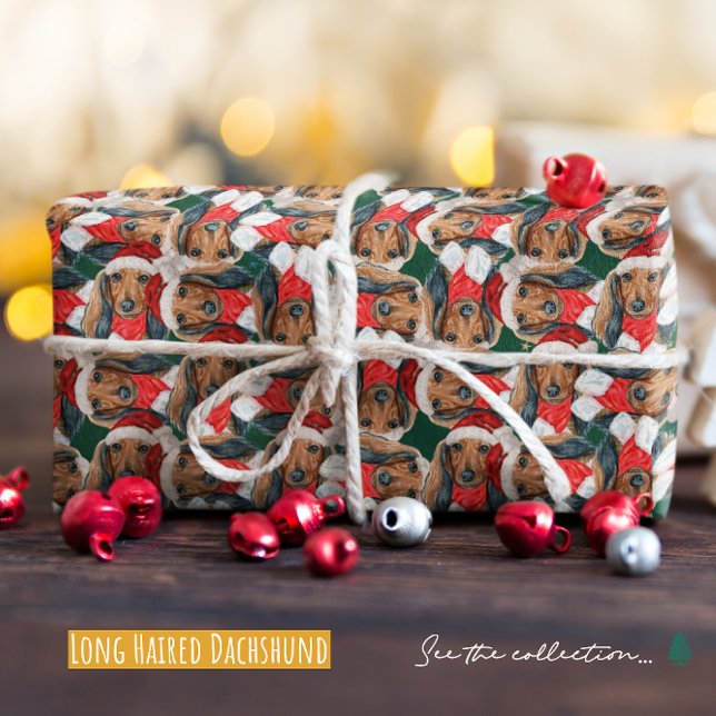 Funny Long Haired Dachshund Christmas Pattern Wrapping Paper (Creator Uploaded)