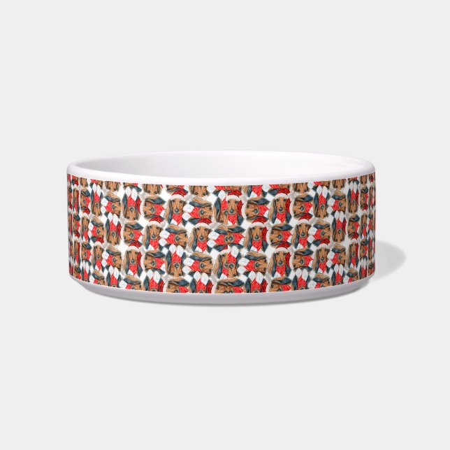 Funny Long Haired Dachshund Name Christmas Pattern Bowl (Left)