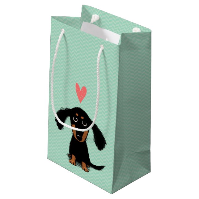 Funny Long Haired Dachshund Puppy with Heart Small Gift Bag (Back Angled)