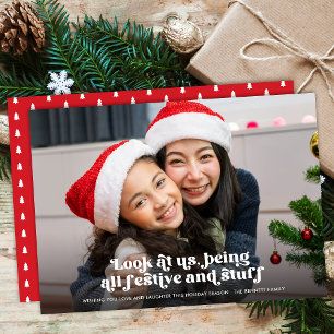 Funny Look at Us Christmas Full Photo   Red Holiday Card