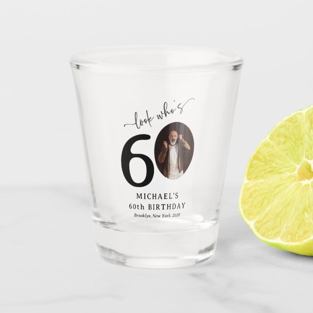 Funny 'Look Who's 60' Stylish 60th Birthday Shot Glass (Front)