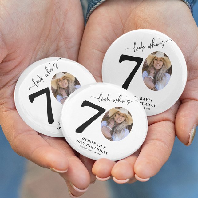Funny 'Look Who's 70' Stylish 70th Birthday 6 Cm Round Badge (Creator Uploaded)