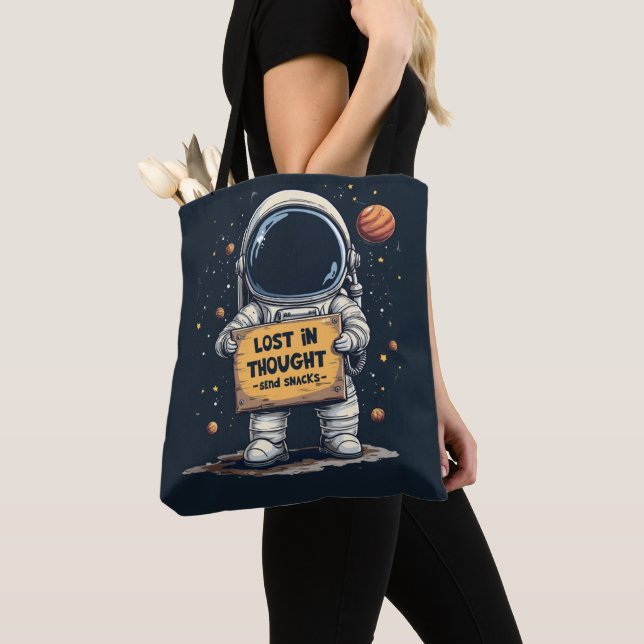 Funny Lost in Thought Astronaut Space Illustration Tote Bag (Close Up)