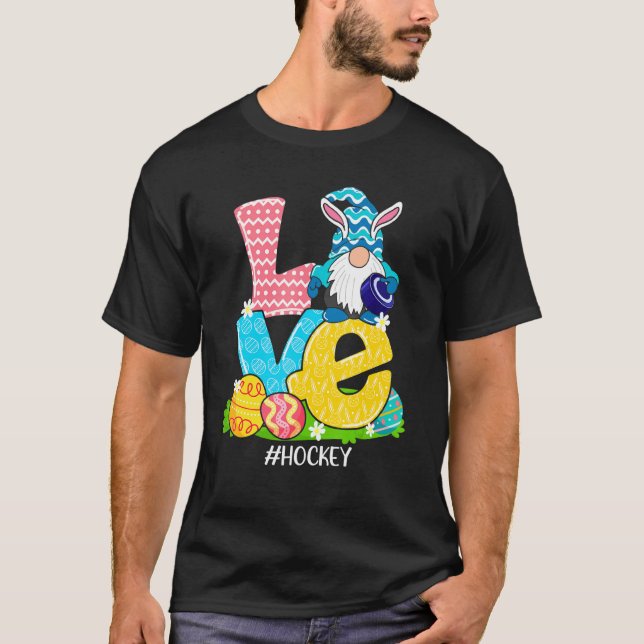Funny Love Hockey Easter Gnome Egg Hunting Basket T-Shirt (Front)
