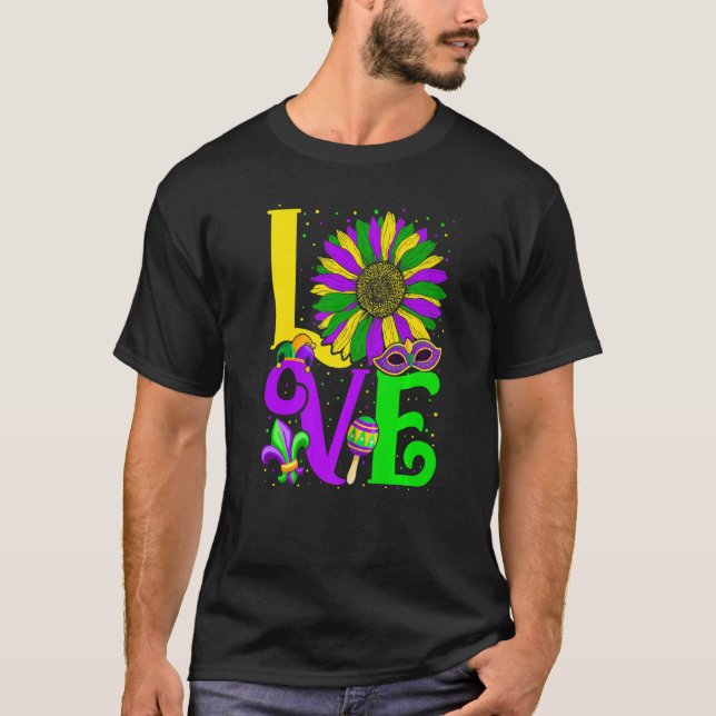 Funny LOVE Mardi Gras Sunflower Fleur De Lys Costu T-Shirt (Front)