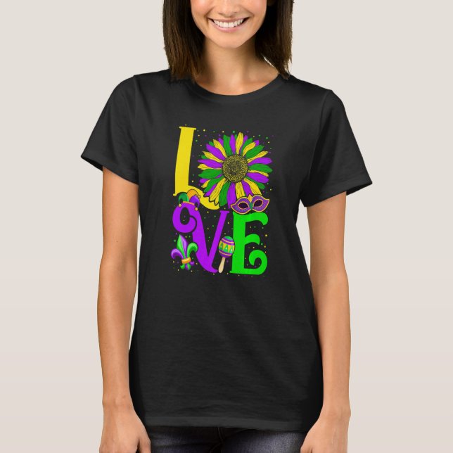 Funny LOVE Mardi Gras Sunflower Fleur De Lys Costu T-Shirt (Front)