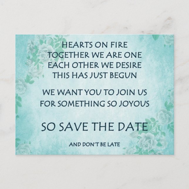 Funny love poem save the date postcard poetry (Front)